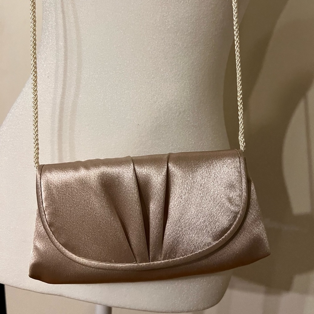 Beautiful metallic beige/taupe satin clutch. Pristine condition!